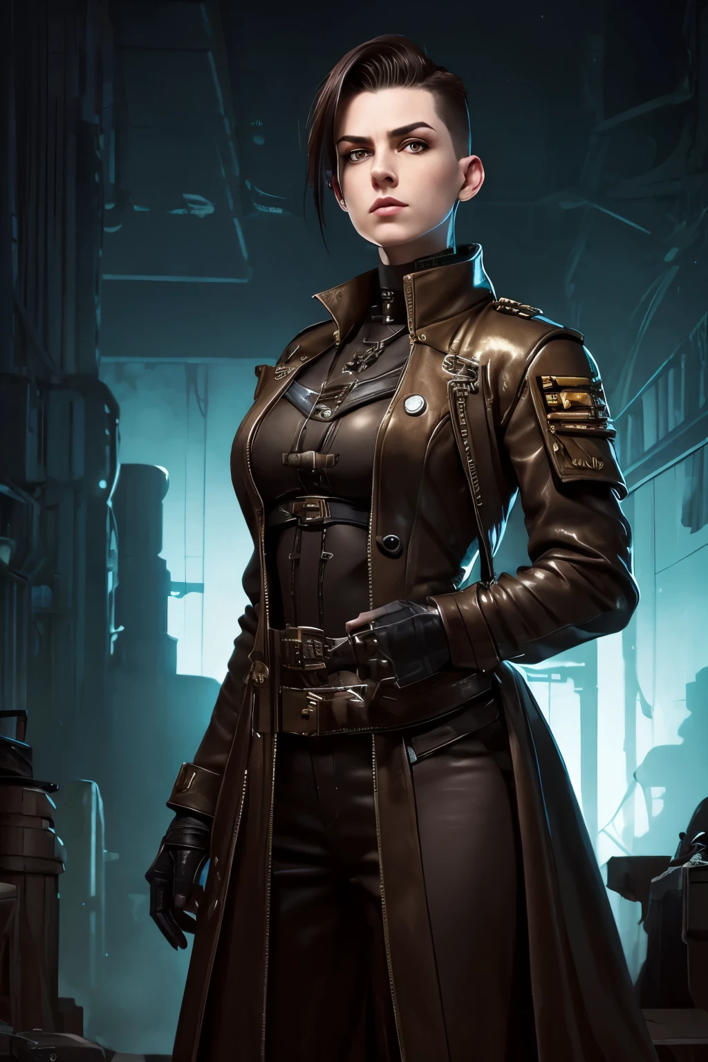 Warhammer 40k Setting: A h young female noble with very short dark-brown undercut. Shaved sides. Tomboyish. Androgynous. Slim. Wide hips. Long thick legs. Extremly pale skin with liverspots. A narrow soft face. Round chin. Curved lips. A long and wide nose. Upturned eyes. Brown eye colour. Very thin eyebrows. Big forehead. Long neck. Extremly pale skin. Freckles. Very short hair. Short manly haircut. Undercut. Sides shaved. Looking Androgynous. Tomboyish. Grim. Melancholic. Dark. Wearing clothing of an warhammer 40k noble. Background: A sinister industrial megacity in a grim warhammer 40k universe.
