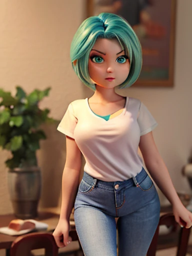 (beautiful,detailed eyes:1.1,green),( Delicate facial features ,thesis Clara:1.1),( blue hair,single),( elegant dress, White T-shirt ,jeans),(youthful, elegant posture ),(  bright colors  ),(portrait:1.1),( sharp focus),( studio lighting),(bokeh),(femenino,1 girl),(busty,voluptuous),(relaxed, confident expression ) busty. Voluptuous