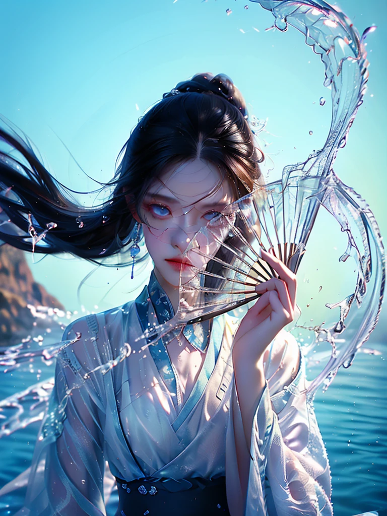  Yusuishan ,1 girl, alone , hand blow ,water,Black hair,Long hair,Comb your hair, looking at the audience ,single Comb your hair,Holds  fan,Holds , Blue Eyes , upper body ,transparent, Skin Patterns ,sash,Wide forearm ,Chinese clothing,Blow fold ,พื้นหลังสีwaterเงิน,Long sleeves,
 best quality, Masterpiece , ultra high definition,