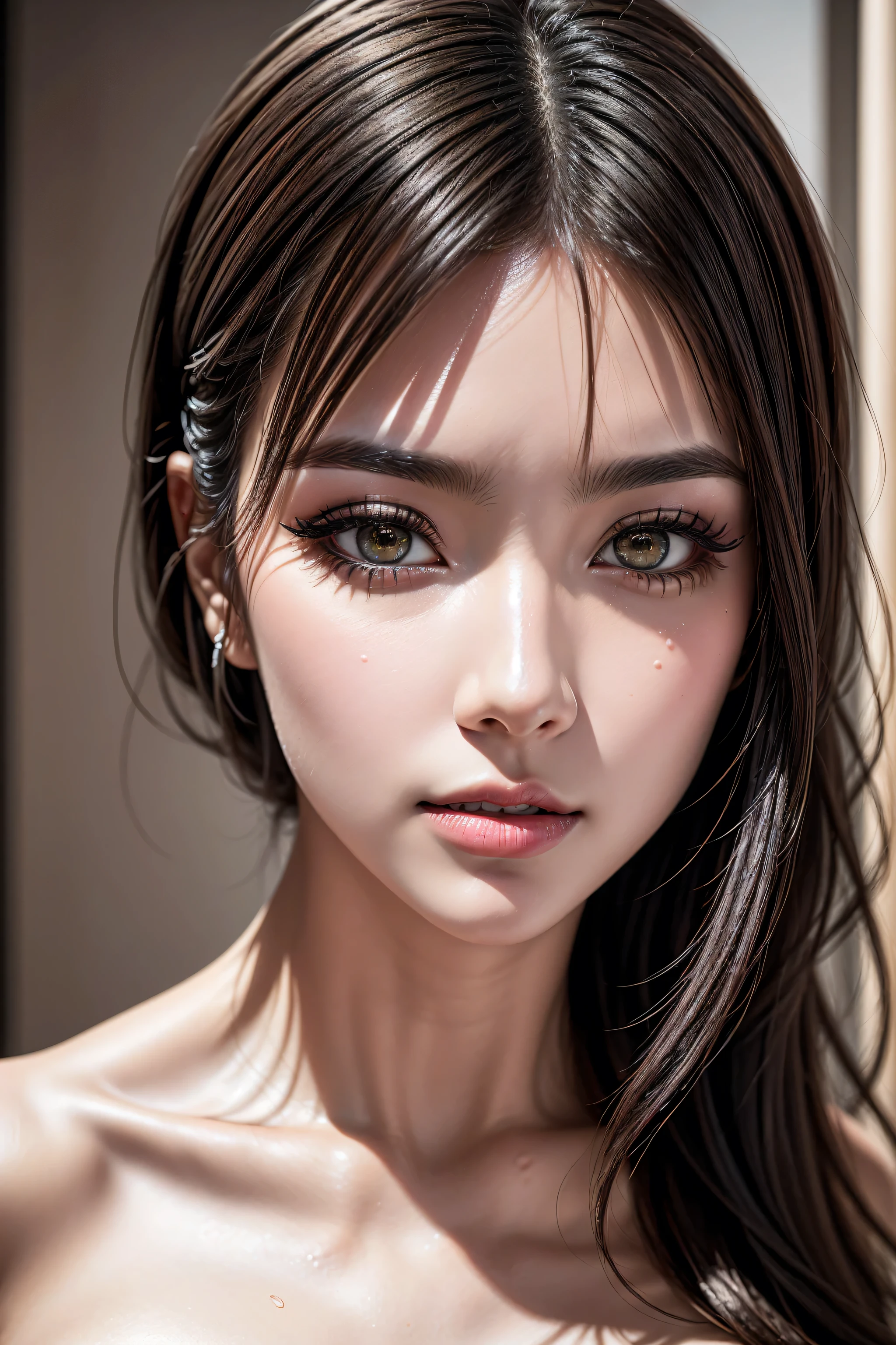 Realistic (photorealistic Realism), (high resolution), ((intricately detailed digital art)). (ultra realistic texture details: velvety skin, hair.), (ultra quality), professional photography, (glamour shot of Japanese woman:1.3), (intricately detailed realistic brown_eyes), (droopy eyes:1.3), BREAK detailed lips:1.3,red_lipstick:1.25,pink_makeup:1.2,long_blue_eyeliner:1.15, (perfect dark_eyeshadows:1.25), there a close up of a woman's,(super detailed makeup on eyes:1.2), iridescent eyes, with professional makeup, vibrant eyes:1.2,, Thin eyebrows, Carefully draw eyelashes, Eyelash extensions, Gal Makeup, realistic dull skin noise, visible skin detail, skin fuzz, dry skin, (blush:0.5), (Goosebumps:0.3), ((baba z cycami i hujem na czole XD)), focus of woman, dynamic pose, sexy and seductive, flirty smile, (sharp focus, captured by Fujifilm XT3, f 5.6, in high quality, Butterfly lighting),((a scene in a spacious bathroom in a modern style, a large bathtub, a mirror, etc...),