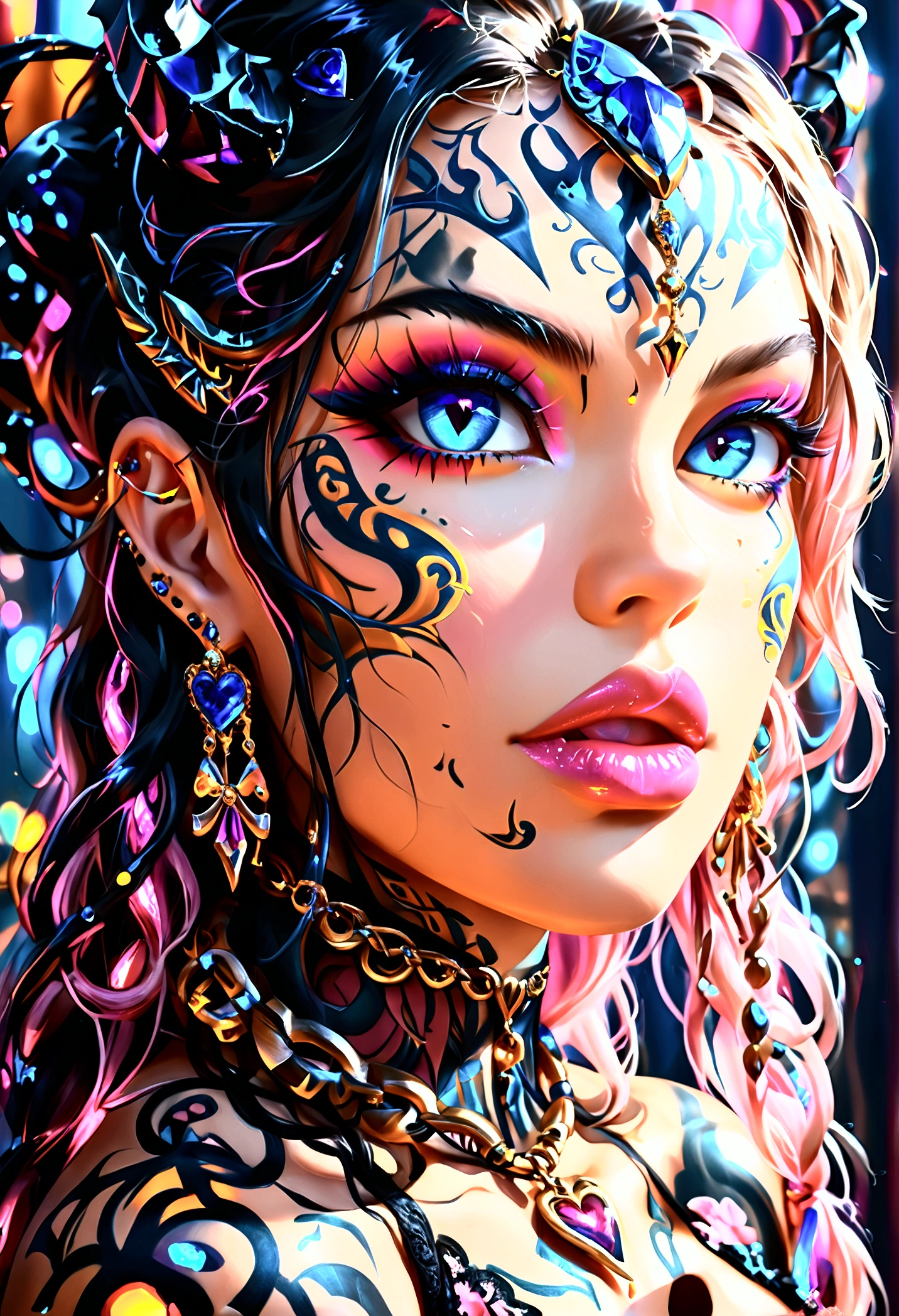 beautiful digital artwork, beautiful digital art, detailed beautiful face, 8k high quality oled detailed art, very beautiful digital art, digital art. highly detailed, beautiful detailed body, Create a hyper detailed photograph of a perfectly simetrical tattooed curved drop dead gorgeous dreadknight, Stunningly perfect gorgeous feminine face, perfect makeup, detailed vibrant neon sapphire eyes, very long hair, tan skin, Gentle facial curves, Fuller cheek bones, Smaller and wider-set eyes, Less pronounced jawline, Symmetry perfection Proportion facial features, sexual curved heart shaped mouth, long beautiful tattooed legs, beautiful tattooed arms, perfect feminine curved body figure, detailed silky smooth skin, gigantic huge breasts, perfect heart shaped ass, beautiful long tattooed legs, Wearing dreadknight lace lingerie chain Jewels,