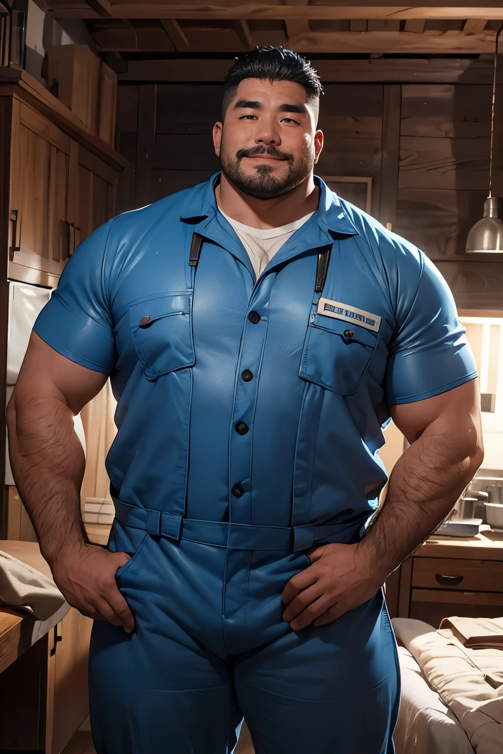 ((upper body:0.8)),A portrait full body photograph, strong burly hairy mature 40years Mongolian man, A tractive mid age Mongolian,Round face:2,heavy worker, hard worker, balg Strong, muscular, hairy big belly,((looking at viewer)),((((detail eyes)))), ((blue coveralls)),((blue work uniform)),Balanced lightning,room,Natural standing pose,very short hair, very short goatee, epic realistic, photo, ((((hdr)))), intricate scene, thick public hair, NSFW, Large body, wild plump uncle, a mature adult, facial hair, thick body, muscular, bulky, ((Slightly smile expression)),Friendly attitude,(perfect body proportions : 1.2), a mature adult, bare foot, 8K quality, photo