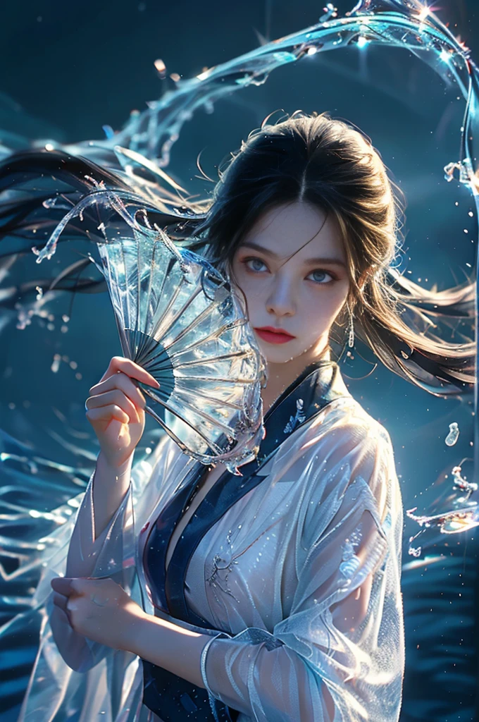  Yusuishan ,1 girl, alone , hand blow ,water,Black hair,Long hair,Comb your hair, looking at the audience ,single Comb your hair,Holds  fan,Holds , Blue Eyes , upper body ,transparent, Skin Patterns ,sash,Wide forearm ,Chinese clothing,Blow fold ,พื้นหลังสีwaterเงิน,Long sleeves,
 best quality, Masterpiece , ultra high definition,