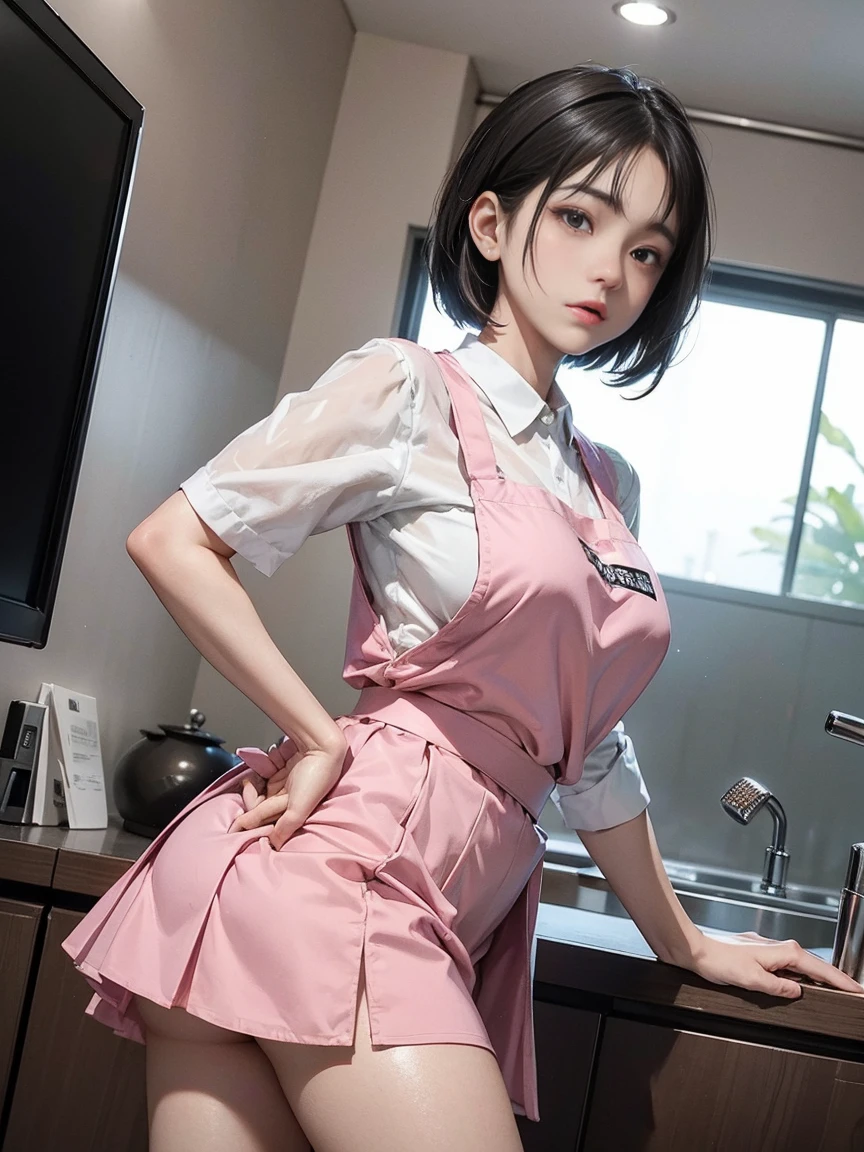 (masterpiece: 1.3), (Maximum resolution: 1.2), (       ultra HD TV       : 1.2), Cinema Light, 8k resolution,         detailed facial features,   wear  ,(  Standing and leaning forward  ) (      black hair short bob hair)    (( standing and slouching forward ))   Perfect Style,         cute face, Accurate, 解剖学的にAccurate,          big plump breasts      ,        beautiful eyes        、  Sparkling Eyes ,         white skin,  shiny skin 、        glossy lips、 (         embarrassed        ルックス : 1.2),woman, 28 years old,  Angle of view from a low angle , from the front 、    facial beauty       , (        skirt flip:1.4),   Loose,   Wrinkled White      panties    ,  humiliation、impatience、tears、        embarrassed        、        surprised expression、     A little angry look、dissatisfaction、 (    people in bright pink family restaurant uniforms:1.3)、apron,       sweated 、       panties 、        Disheveled clothes        、kitchen、counter、