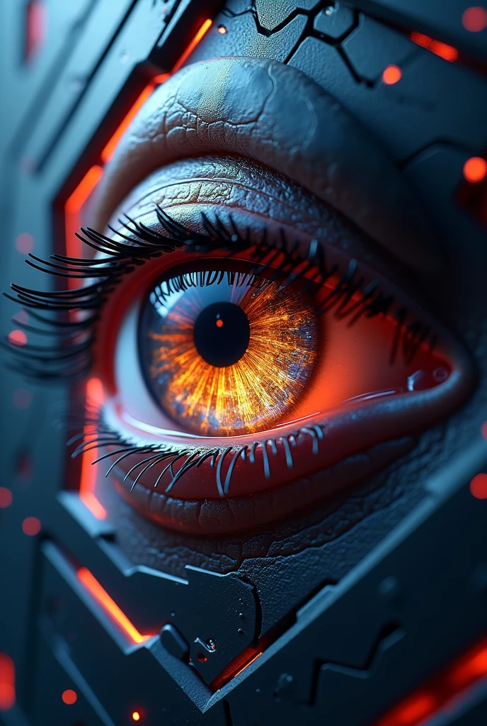 A close-up of a cool robotic mecha's eye, with colorful beams of light emitting from the eye