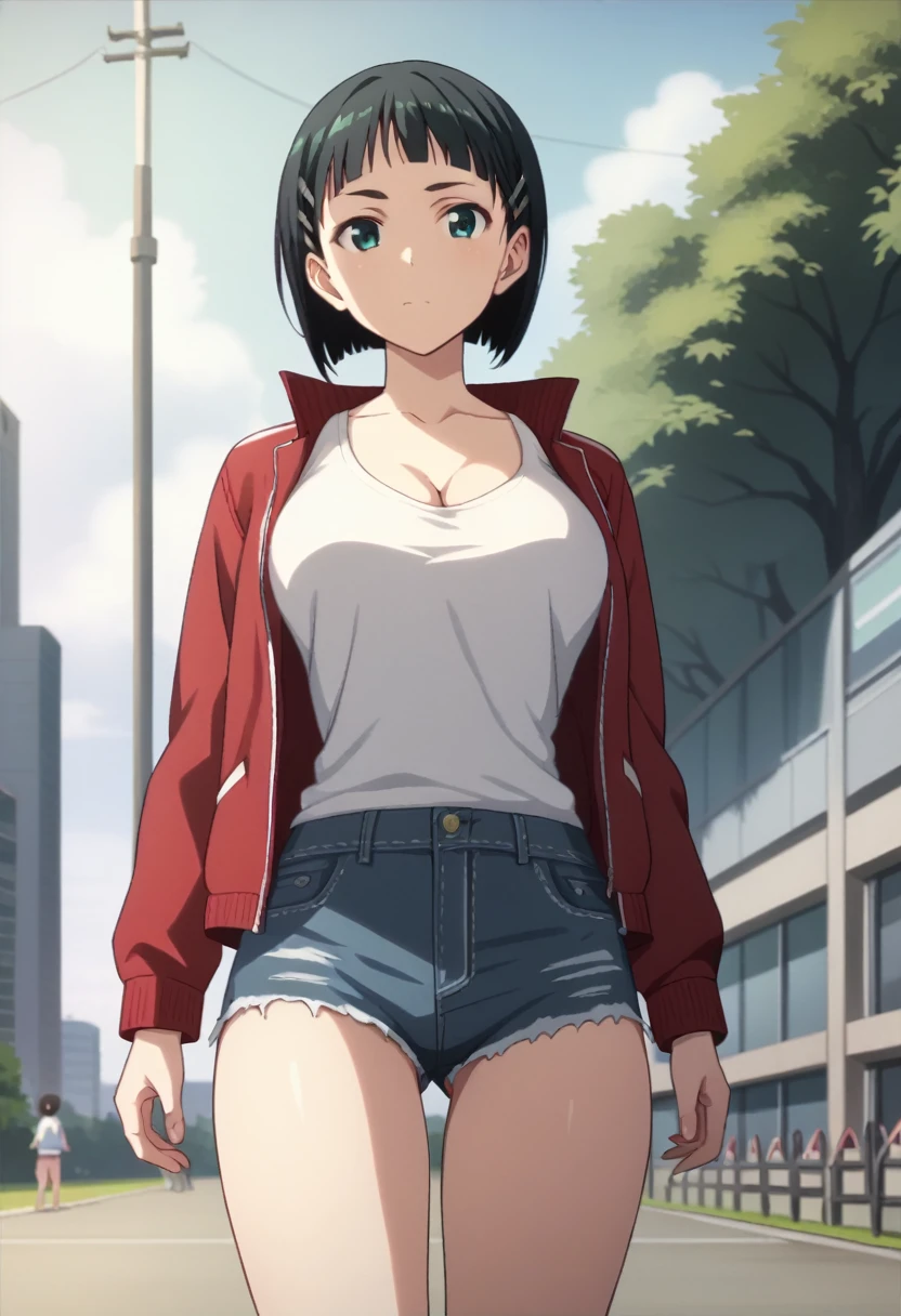 kirigaya_suguha, breasts, shorts, black_hair, large_breasts, short_hair, jacket, cleavage, outdoors, hair_ornament, short_shorts, hairclip, looking_at_viewer, shirt, white_shirt, track_jacket, day, 2girls, denim_shorts, multiple_girls, black_eyes, open_clothes, building, red_jacket, bangs, denim, open_jacket, solo_focus, collarbone, long_sleeves, cowboy_shot, cutoffs, standing, blue_shorts, bob_cut, thighs, tree, sky, cloud, blunt_bangs, closed_mouth