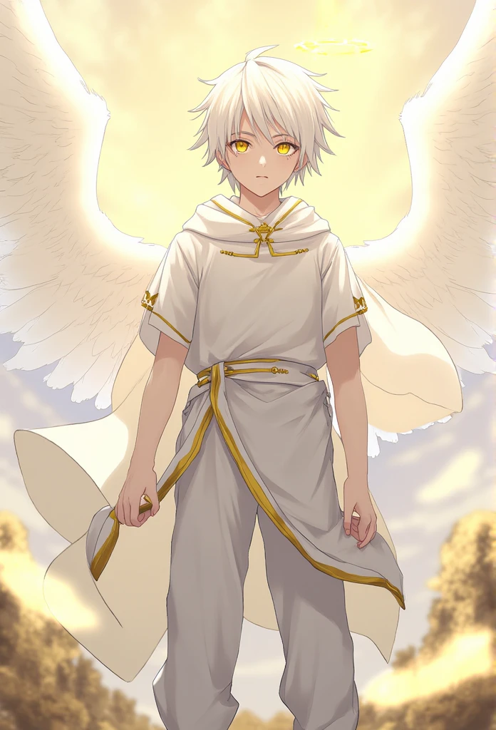 "A  boy with white hair and golden eyes, exuding a celestial and ethereal aura. He has a short, asymmetrical haircut, with one side slightly longer than the other. He wears a white tunic with subtle golden details, along with light, flowing pants and discreet golden symbols. His outfit gives a light, angelic appearance, with a thin golden belt and small golden accents. The colors white, gold, and silver dominate his attire. He has a youthful yet powerful presence, with an aura of golden light around him, matching his angelic and celestial powers. The scene is peaceful yet radiant, with soft golden highlights in the background."