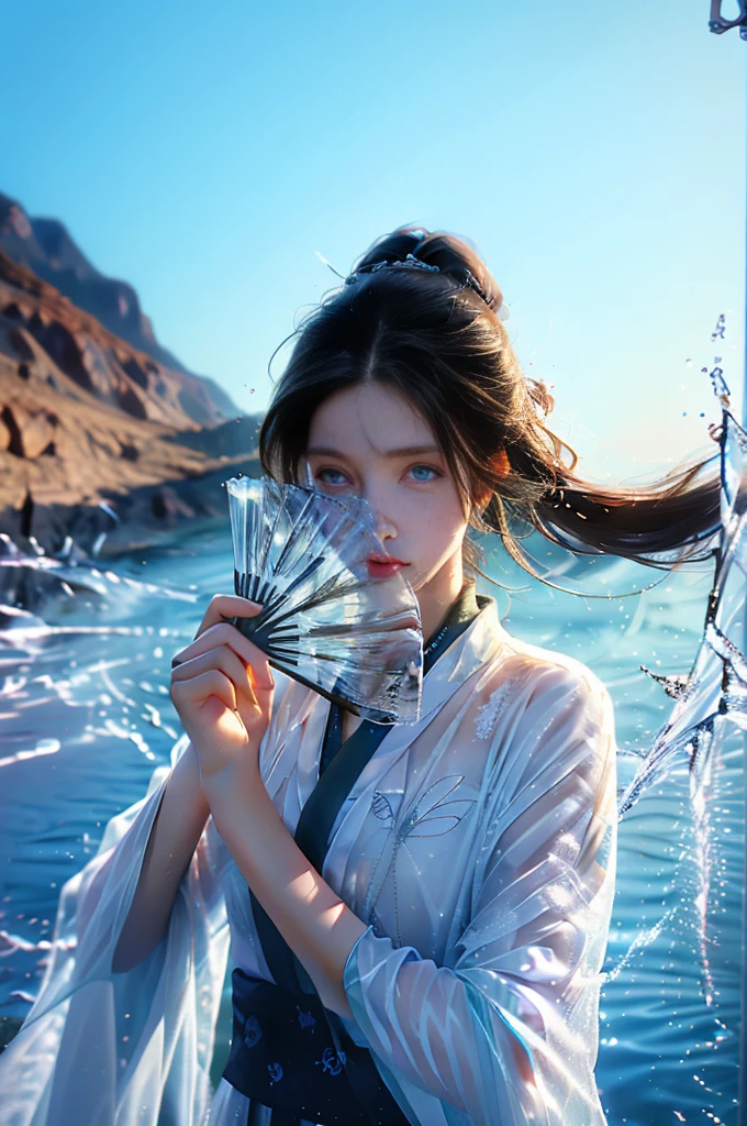  Yusuishan ,1 girl, alone , hand blow ,water,Black hair,Long hair,Comb your hair, looking at the audience ,single Comb your hair,Holds  fan,Holds , Blue Eyes , upper body ,transparent, Skin Patterns ,sash,Wide forearm ,Chinese clothing,Blow fold , Long sleeves,
 best quality, Masterpiece , ultra high definition,