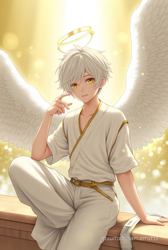 "A  boy with white hair and golden eyes, exuding a celestial and ethereal aura. He has a short, asymmetrical haircut, with one side slightly longer than the other. He wears a white tunic with subtle golden details, along with light, flowing pants and discreet golden symbols. His outfit gives a light, angelic appearance, with a thin golden belt and small golden accents. The colors white, gold, and silver dominate his attire. He has a youthful yet powerful presence, with an aura of golden light around him, matching his angelic and celestial powers. The scene is peaceful yet radiant, with soft golden highlights in the background."