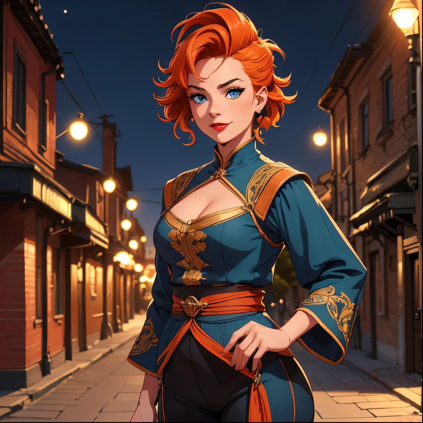 (masterpiece, best quality, ultra detailed, absurdres), perfect lighting, smooth, hdr, solo female, 28 years old, ((short orange hair with shaved sides)), blue eyes, smirking, sexy expression, red lipstick, Russian clothing, flowing sleeves, loose-fitting pants, street background, nighttime