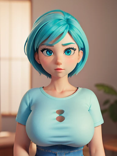 Close-up focus on 1 skinny model, wearing a blue fitted tank top that covers her small breasts, pixie cut blue hair, blue eyes, necklace, High quality, Masterpiece, Best quality, Extremely detailed, warm colors, Photorealistic