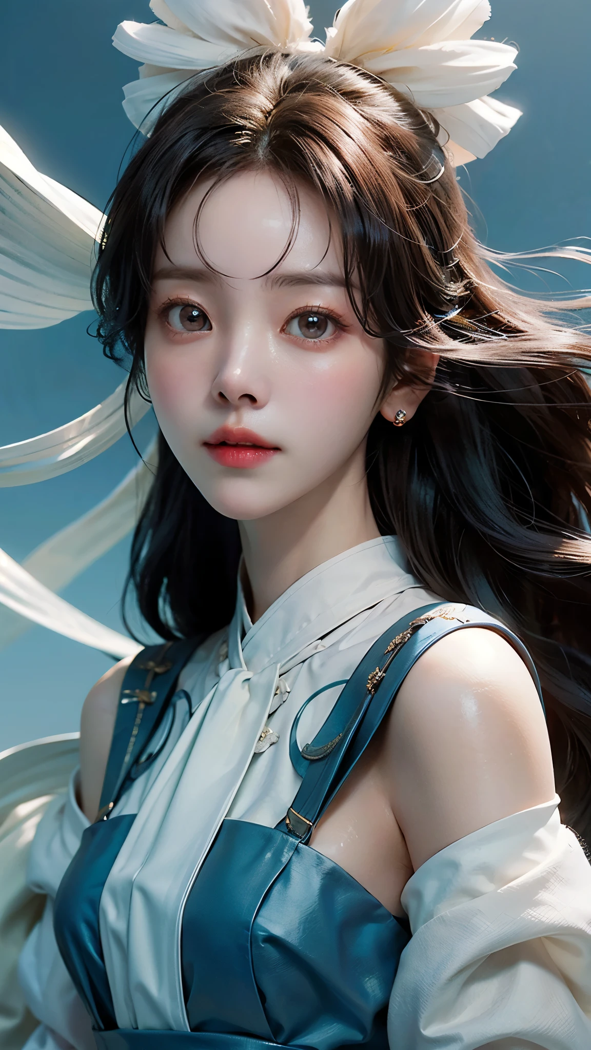 (masterpiece), ( top ), ( high quality detail ), (illustration), ( Watch 1 female ), Viewers who are watching , (Interview), beautiful detailed eyes , delicate and beautiful face , Floating , (High saturation ), (shining), blue sky, Bright and beautiful face, Her skin is young and , radiant, , 공정하고 shining, top 외모 , Very beautiful, her big eyes shine with a clear sky blue light. Focus on the beautiful, amazingly beautiful girl ., Focus on the beautiful, amazing, beautiful girl of. ,