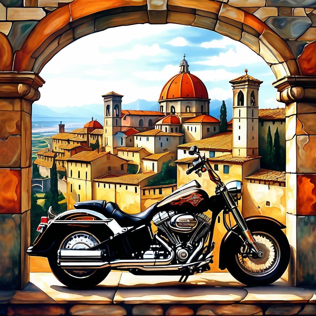 harley davidson road glider with medieval town background and a beautiful landscape in the style of Michelangelo Buonarroti 