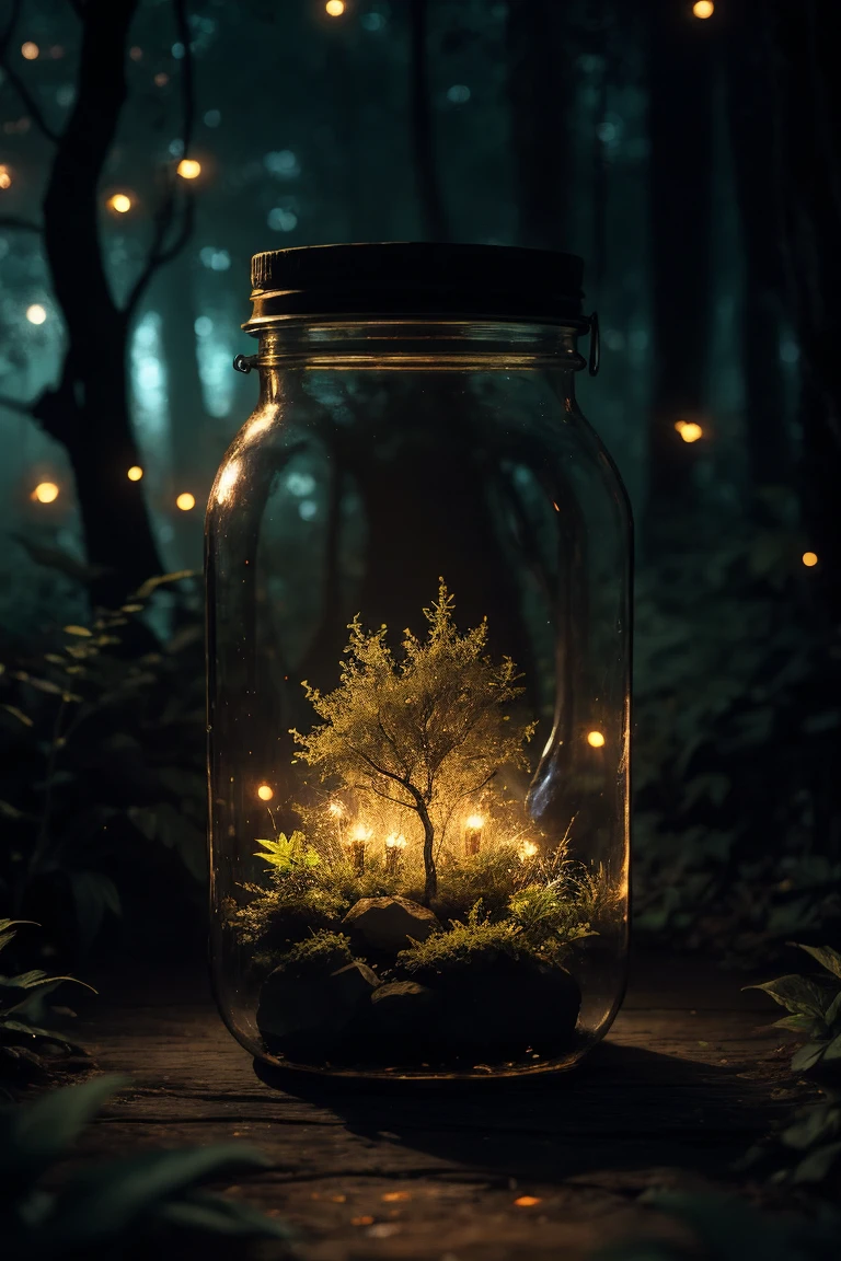 a dimly lit enchanting forest at night, mason jar glowing with ethereal fireflies, mesmerizing otherworldly atmosphere, highly detailed, 8k, dramatic lighting, fantasy, magical, mystical, bokeh, lush foliage, dramatic shadows, cinematic composition, warm color tones