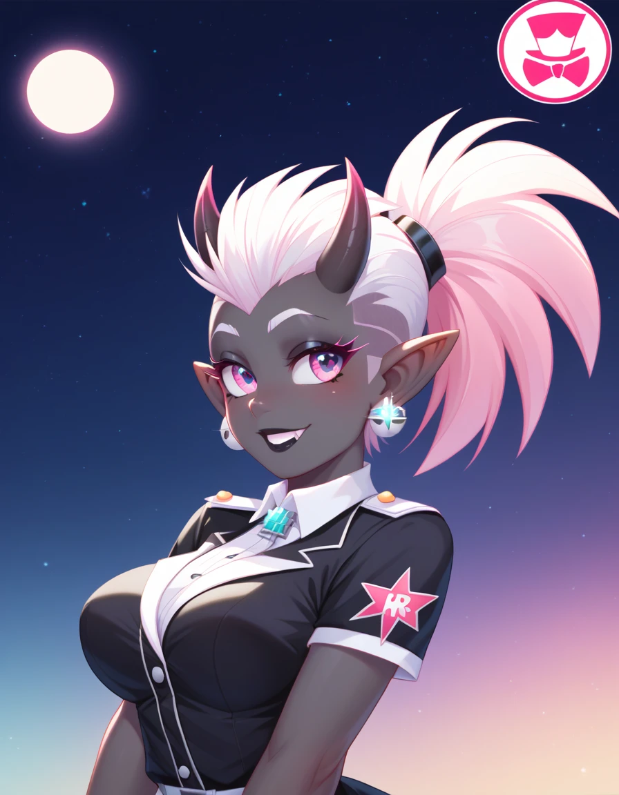 score_9, score_8_up, score_7_up, ((Masterpiece)), ((highres)), ((1person, 1girl, 1female)), Random poses, beautifully detailed succubus girl, ((pastel moon background)), white mohawk w/ponytail, defined elf ears with ear guages, defined eyes, pastel iris, long eye lashes, defined nose, black lipstick, curvy, black frilly dress, (((Black skin))), black demon horns, breasts, night sky, pastel gothic style, gothic style art, gothic asthetic, (((Johnny Test art style)))
