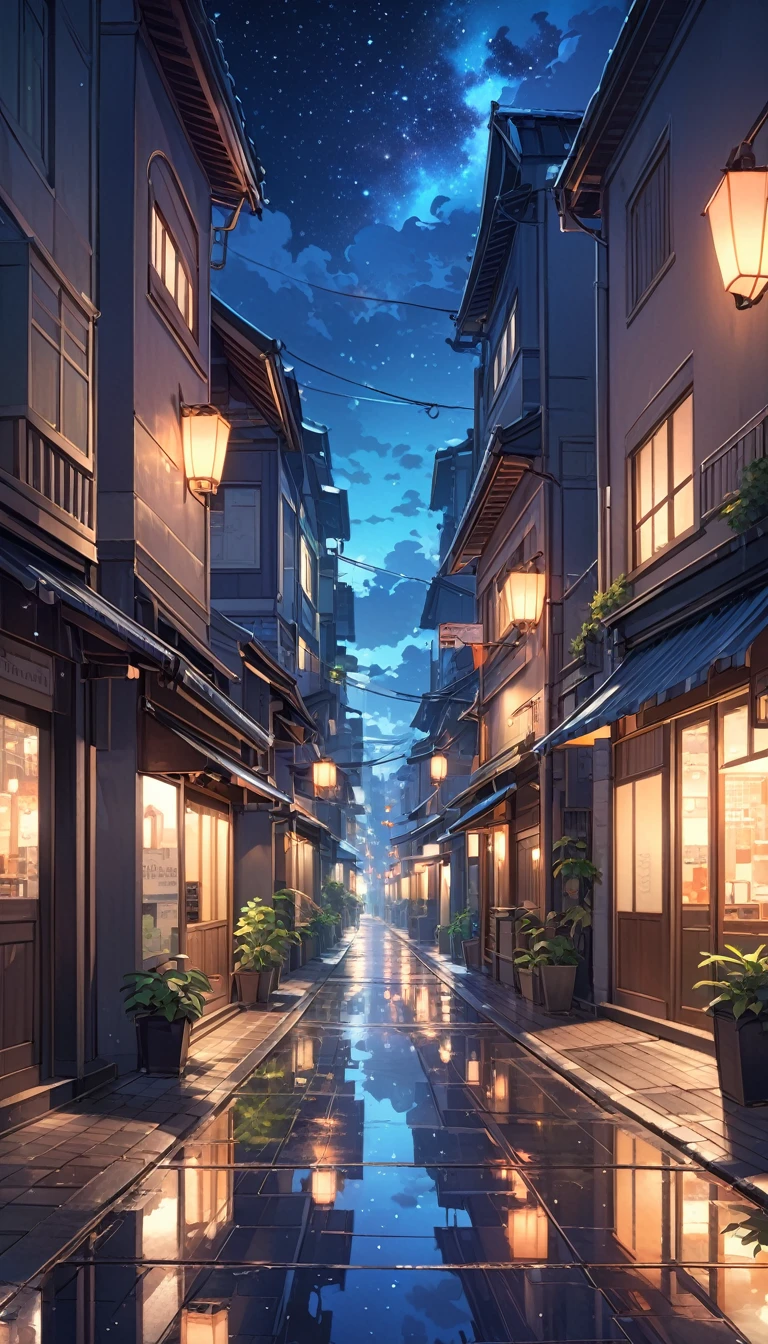 A viral anime wallpaper 4k quality, high quality image showing a city at night, inspired by the anime style of Makoto Shinkai. The scene should be vibrant and dynamic, capturing the soft glow of urban lights reflected in the empty, wet streets after a light rain. The night sky is filled with bright stars, with some thin and soft clouds that complement the brightness of the stars. The city lighting should be warm, with varying shades of blue and dark purple dominating the scenery, contrasting with the orange reflections of the street lamps. The atmosphere should convey a sense of peace and serenity, with attention to the architectural details of the buildings, and intense and well-defined colors