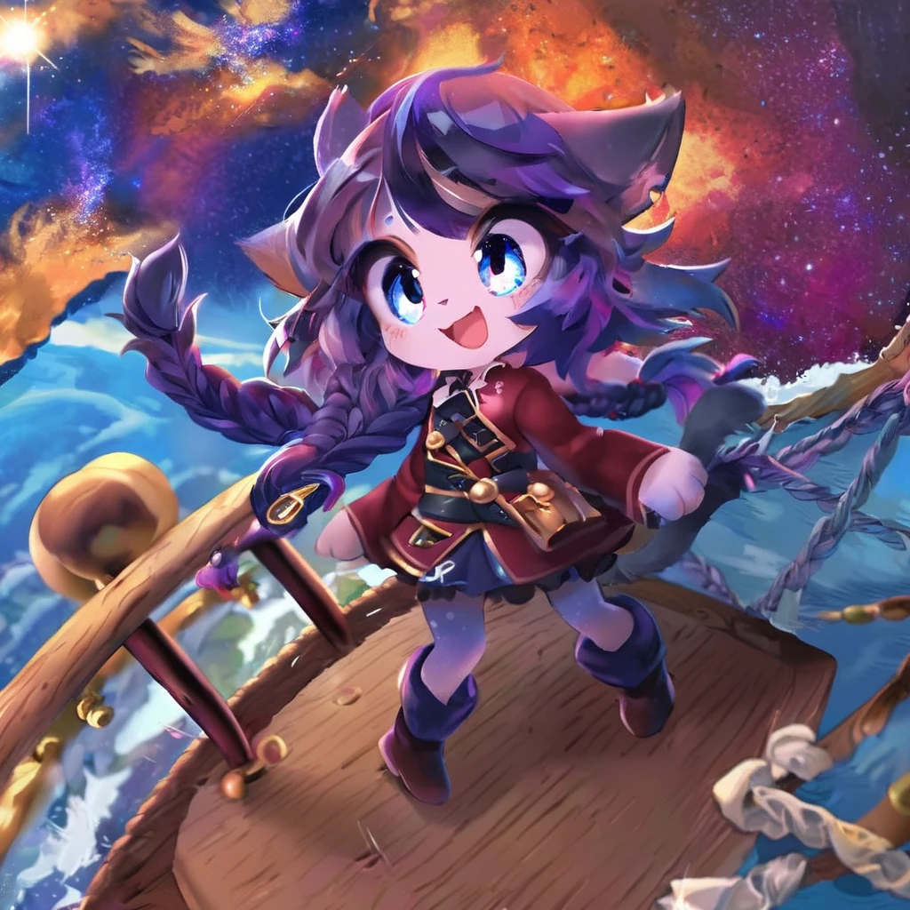 ,solo,1catgirl\(cute, kawaii,small ,hair color cosmic,braid hair,messy hair,eye color cosmic,big eyes,smile,(have an eyepatch on right eye),smirk,pirates costume,dynamic pose,dinamic action,dynamic angle:1.4,full body,\),background\(on the wooden ship,beautiful sea,simple\),(dynamic angle:1.6),draw human hand very correctly,quality\(8k,wallpaper of extremely detailed CG unit, ​masterpiece,hight resolution,top-quality,top-quality real texture skin,hyper realisitic,increase the resolution,RAW photos,best qualtiy,highly detailed,the wallpaper\)