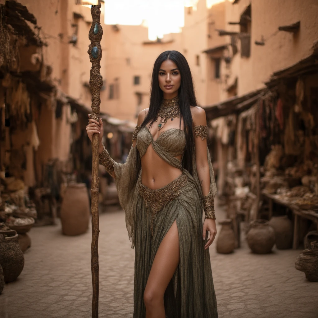 a headturning woman, straight long black hair, bronze tanned skin and striking dark eyes, large chest, she is wearing a little off shoulder black and red top with low neckline and midriff, a ankle long split skirt, bright bronze necklace with jewels, flowing detached sleeves with arcane symbols, standing in a marroco inspired fantasy city, holding a long wooden staff with a gemstone embedded in the tip, stern expression, sunny day, market place, drawn illustration