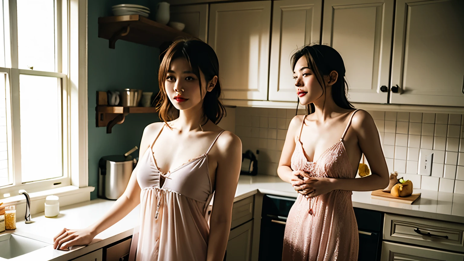 a korean mature women 45 years old, half blonde hair color, big breast, perfect body, wearing transparant lingeria, full body, standing at the kitchen, pov third person, detailed, ultrarealistic