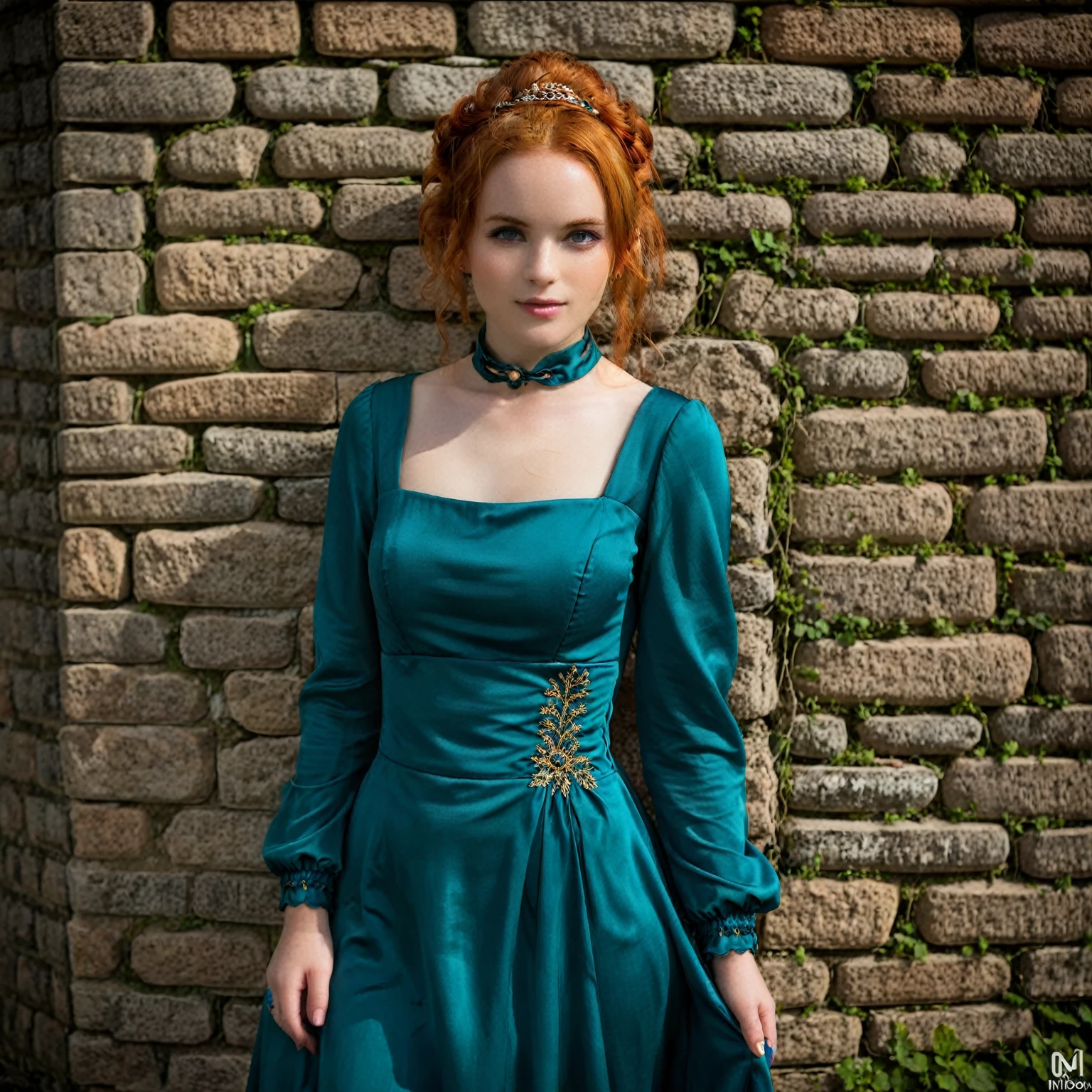 Irina Meier as Triss, a redhead with wavy orange hair and a bun. She wears a dress that combines shades of emerald green, turquoise blue and details, representing elegance and naturalness that fits the body, highlighting an elegant and sensual silhouette. She is looking at the camera with green eyes and a solemn expression. Camera used: - Nikon D850 Lens: - Nikon AF-S DX NIKKOR 14-24mm f/2.8G ED (or equivalent) Settings: - Exposure mode: Manual - Shutter speed: 1/125s - Aperture: f/5.6 - ISO: 100 - Focus: Continuous autofocus - Image stabilization: On…