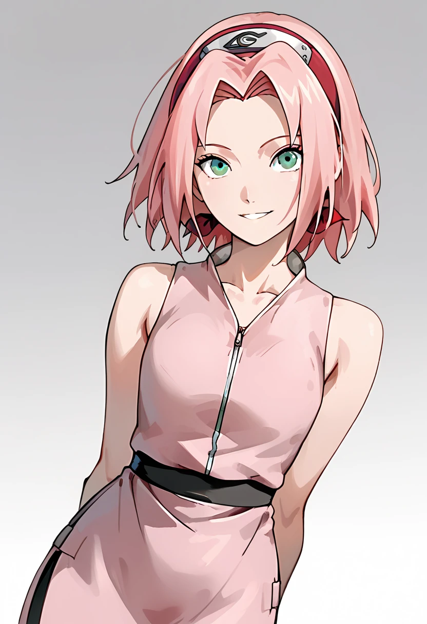 1girl, young girl, looking at the viewer, mature face, smile, thin waist, very very thin waist, (very slim body), (very slender body), , slim thighs and waist. sakura haruno, medium hair, green eyes, pink hair, parted bangs, dress, bare shoulders, collarbone, sleeveless, sleeveless dress, zipper, black bike shorts, teen, forehead protector, leaning forwards, hands behind back.