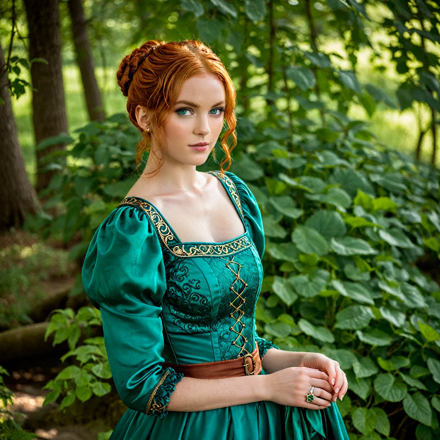 Irina Meier as Triss, a redhead with wavy orange hair and a bun. She wears a dress that combines shades of emerald green, turquoise blue and details, representing elegance and naturalness that fits the body, highlighting an elegant and sensual silhouette. She is looking at the camera with green eyes and a solemn expression. Camera used: - Nikon D850 Lens: - Nikon AF-S DX NIKKOR 14-24mm f/2.8G ED (or equivalent) Settings: - Exposure mode: Manual - Shutter speed: 1/125s - Aperture: f/5.6 - ISO: 100 - Focus: Continuous autofocus - Image stabilization: On…