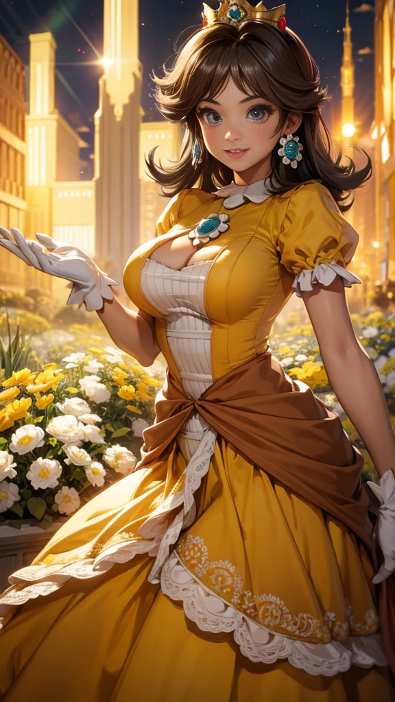 ((masterpiece,best quality,ultra-delicate,Perfect Face,detailed eyes,16k,high resolution,very beautiful girl)), princess daisy, yellow princess dress, white gloves, brown hair,large breasts,full body shot,smile,energetic,many flower garden