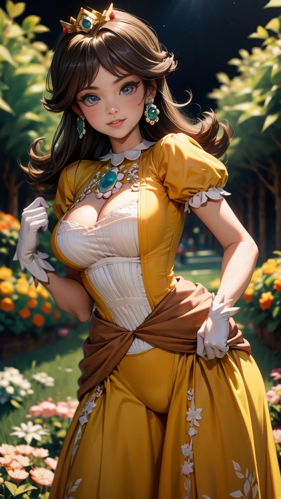 ((masterpiece,best quality,ultra-delicate,Perfect Face,detailed eyes,16k,high resolution,very beautiful girl)), princess daisy, yellow princess dress, white gloves, brown hair,large breasts,full body shot,smile,energetic,many flower garden