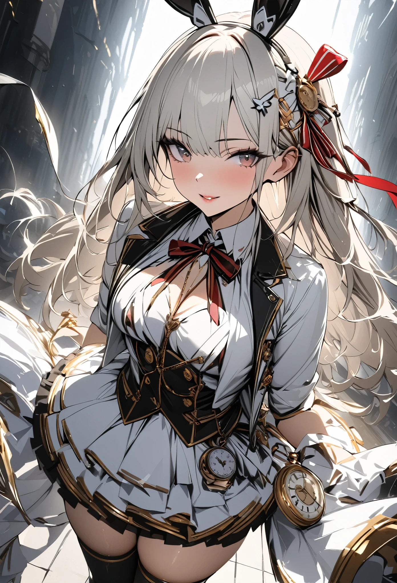 (masterpiece, best quality :1.2,UHD,High Resolution,Detailed depiction)、 1 girl、Red lipstick、 sexy lips、mechanical white rabbit ear headset microphone、rose and ribbon hair ornament、 slightly exposed idol clothes wearing pocket watches 、Gold decoration、 skirt、Knee-high、I'm wearing a pocket watch、 dynamic lighting