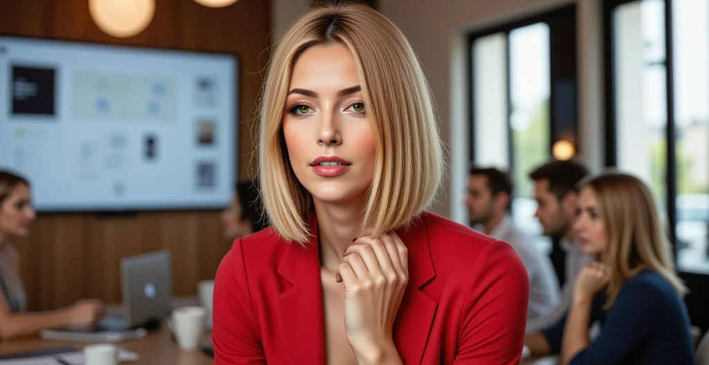 A woman addresses a group of attentive colleagues seated around the table in a modern office. She has chestnut brown hair streaked with blonde highlights, styled in a sleek shoulder-length bob, wears a bold red blazer over a professional yet stylish outfit. Her eyes look a large screen displays visuals of her presentation, while natural light streams in from tall windows, illuminating the space. ((anti)), Nexia