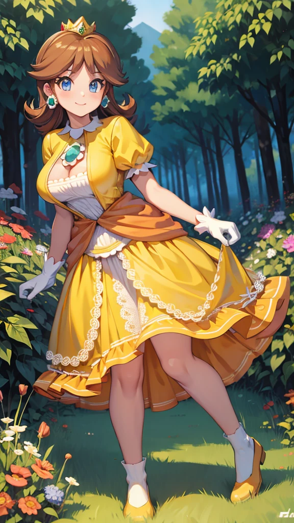 ((masterpiece,best quality,ultra-delicate,Perfect Face,detailed eyes,16k,high resolution,very beautiful girl)), princess daisy, yellow princess dress, white gloves, brown hair,large breasts,full body shot,smile,energetic,many flower garden