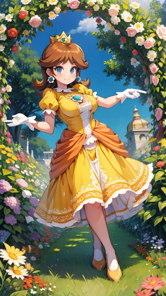 ((masterpiece,best quality,ultra-delicate,Perfect Face,detailed eyes,16k,high resolution,very beautiful girl)), princess daisy, yellow princess dress, white gloves, brown hair,large breasts,full body shot,smile,energetic,many flower garden