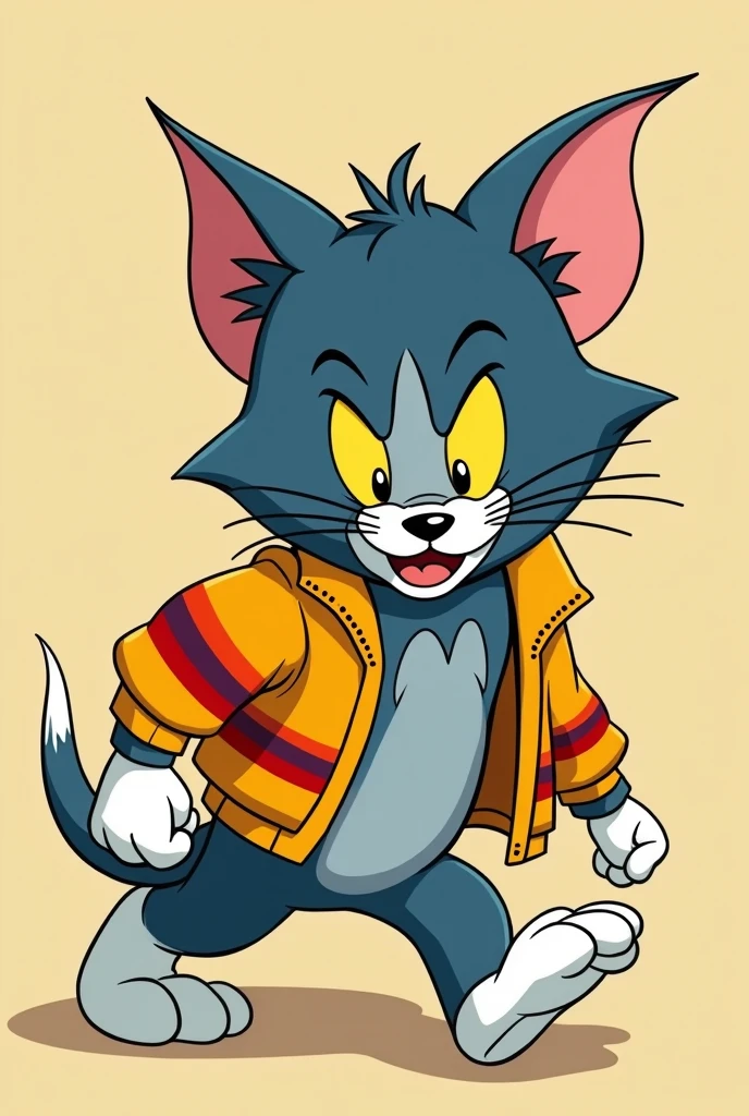 A cartoon about an anthropomorphic blue cat that wears a colored jacket with horizontal stripes, a yellow jacket, and a dog walks with brown that wears a yellow jacket and white gloves, the two are rivals. E vai no estilo Tom e Jerry um desenho bastante violento onde o gato tenta pegar o cachorro um desenho com o seu estilo próprio caricato