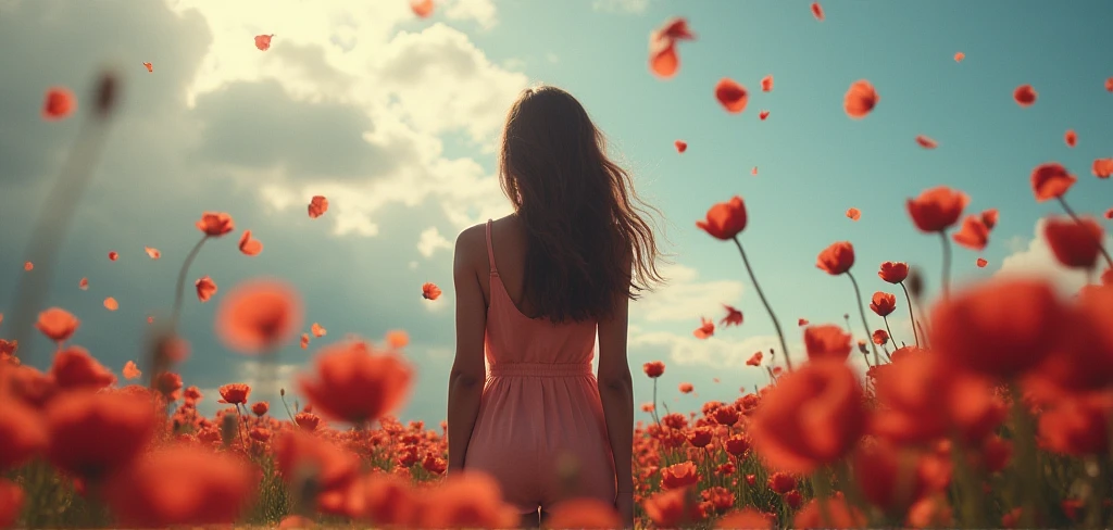 There is a woman standing in a field of red flowers - SeaArt AI