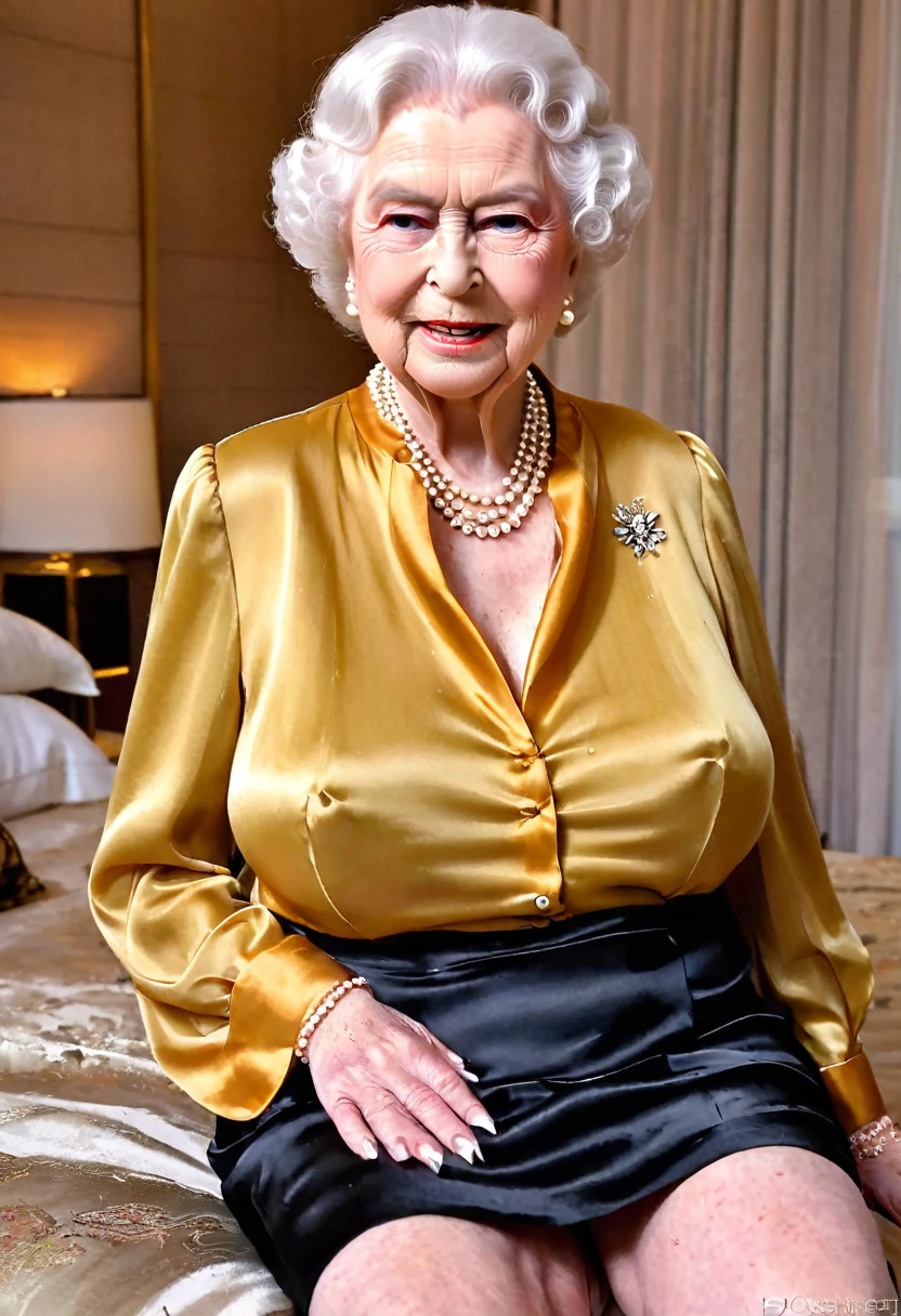 (Covered in cum on face:1.5), (gorgeous queen elizabeth 80yo:1.3), (huge saggy breast:1.5), (look at viewer:1.4), (profile side:1.4), sitting on a bed, (covered in cum on face:1.5), (sensual expression:1.4), (((silk mustard blouse))), black skirt, lipsticks, Pearl Necklace