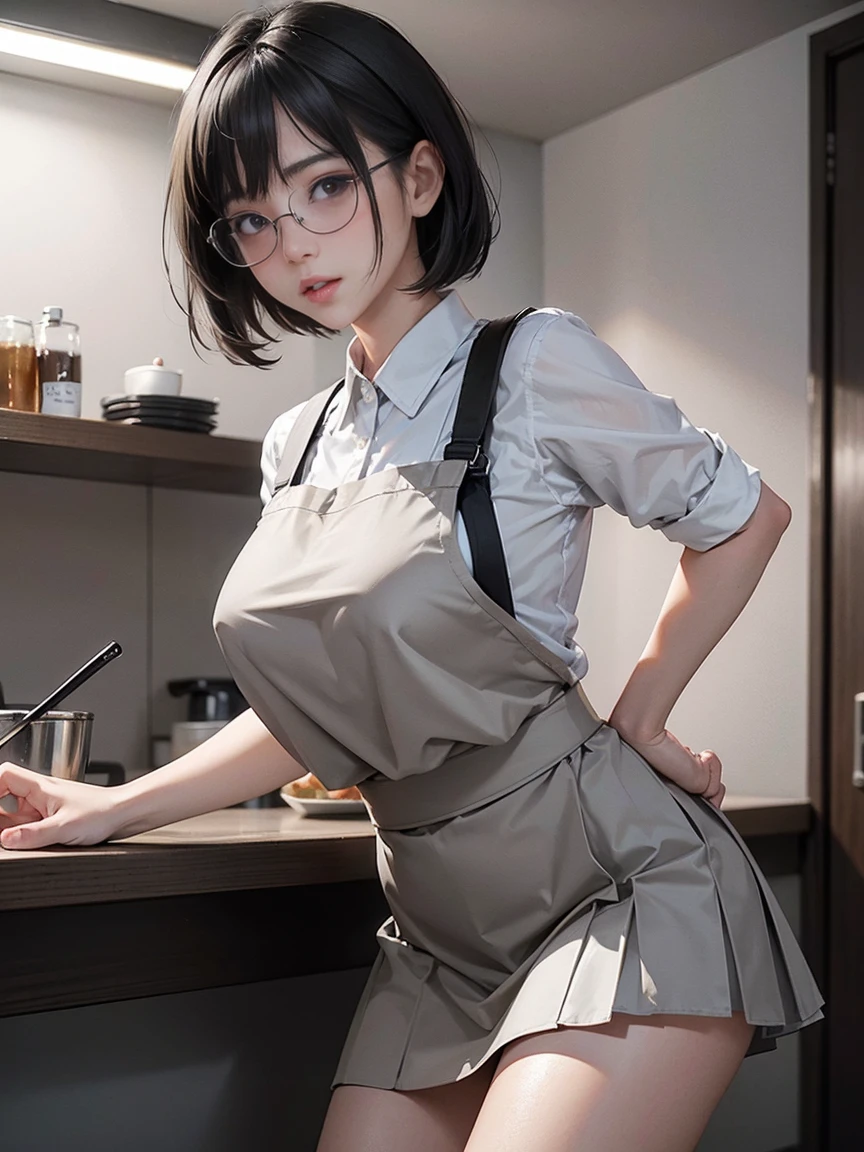 (masterpiece: 1.3), (Maximum resolution: 1.2), (        ultra HD TV        : 1.2), Cinema Light, 8k resolution,          detailed facial features,   wear  ,(  Standing and leaning forward  ) (        People Wearing Short Black Bob Hair  )    (( Wear rimless glasses ))    Perfect Style,          cute face, Accurate, 解剖学的にAccurate,           big plump breasts       ,          beautiful eyes         、  Sparkling Eyes ,          white skin,  shiny skin 、         glossy lips、 (          embarrassed         ルックス : 1.2),woman, 28 years old,  Low Angle Angle  , do 、     facial beauty        , (         skirt flip:1.4),   Loose,   Wrinkled White       panties    ,  humiliation、impatience、tears、         embarrassed         、         surprised expression、     A little angry look、dissatisfaction、 (     People Wearing Light Grey Family Restaurant Uniforms々:1.3)、apron,        sweated 、        panties 、         Disheveled clothes         、kitchen、counter、Front View 、 low angle