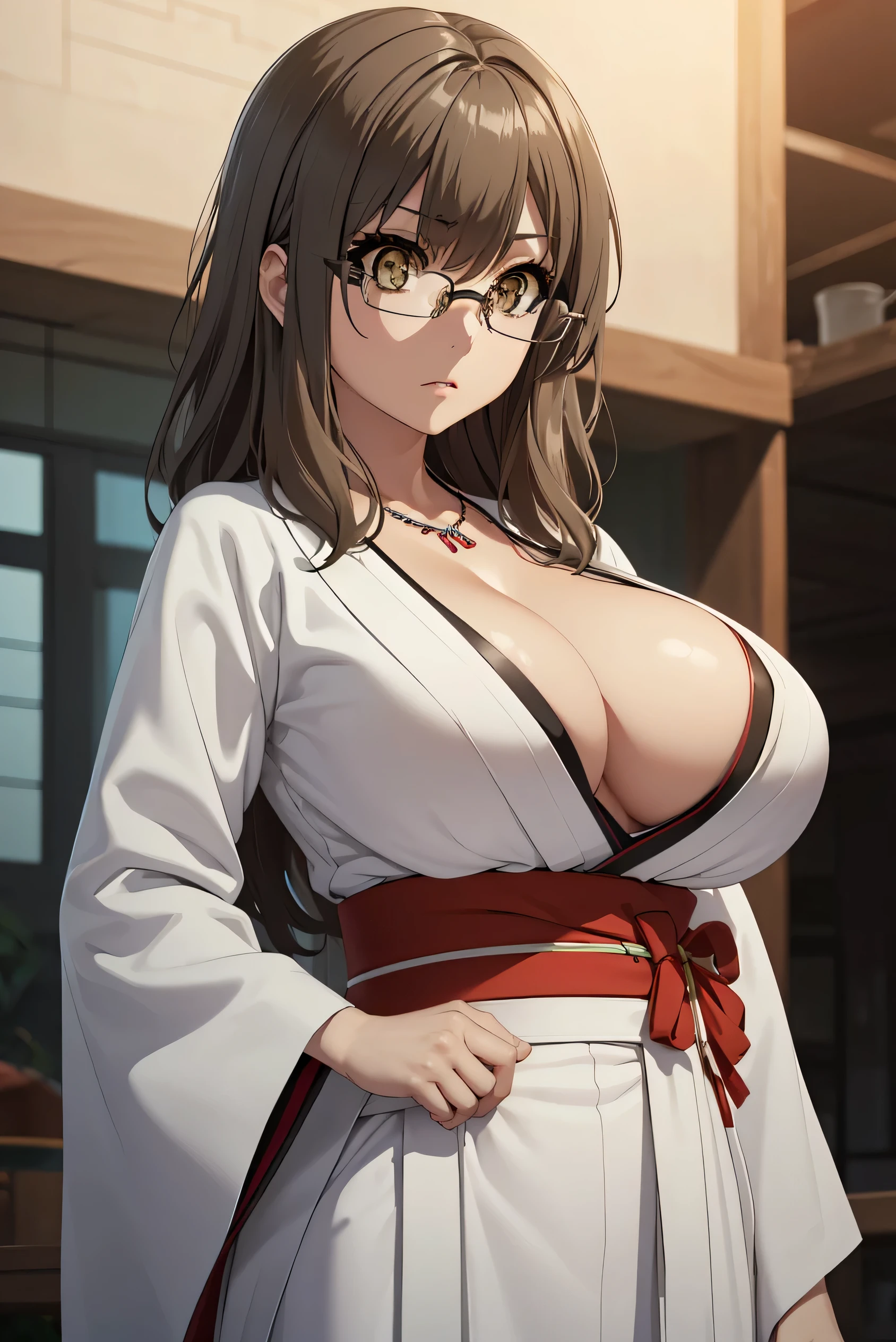 Riofutaba, Rio Futaba, black-framed eyewear, (brown eyes:1.7), glasses, (grey hair:1.2), hair between eyes, over-rim eyewear, semi-rimless eyewear, long hair, sidelocks, BREAK (long sleeves, cleavage, huge breast, gigantic breast, jewelry, japanese clothes, kimono, necklace, black kimono, hakama, black hakama, sash, white sash:1.2), BREAK angry looking face、Shyness、up chest、solo,、breastsout(camel's toe)、highleg, BREAK (masterpiece:1.2), best quality, high resolution, unity 8k wallpaper, (illustration:0.8), (beautiful detailed eyes:1.6), extremely detailed face, perfect lighting, extremely detailed CG, (perfect hands, perfect anatomy),