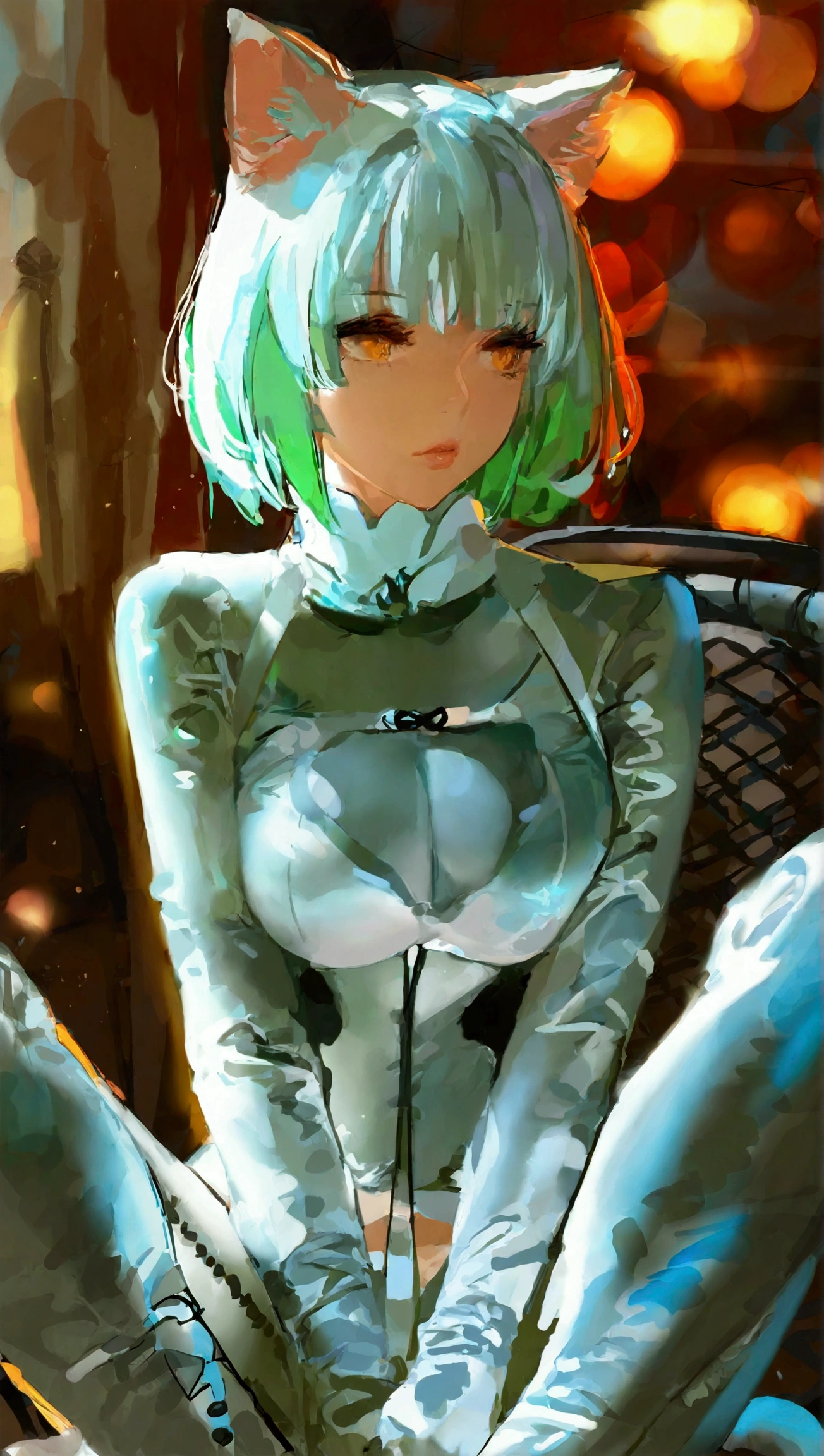 1girl,  by kincora, cat woman, full body white suit, sheer fabric, green hair, bobcut, amber eyes, long white tail, big breasts, midriff cutout, sitting on chair, legs crossed, dynamic shot