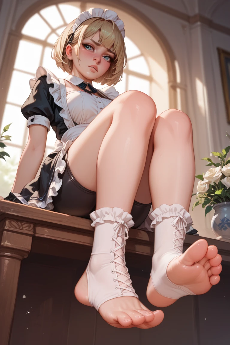 1 girl, maid, sitting, frilled socks, from below, soles, embarrassed, bike shorts, pouty lips, toeless legwear, cross-laced legwear, masterpiece, best quality, uncensored