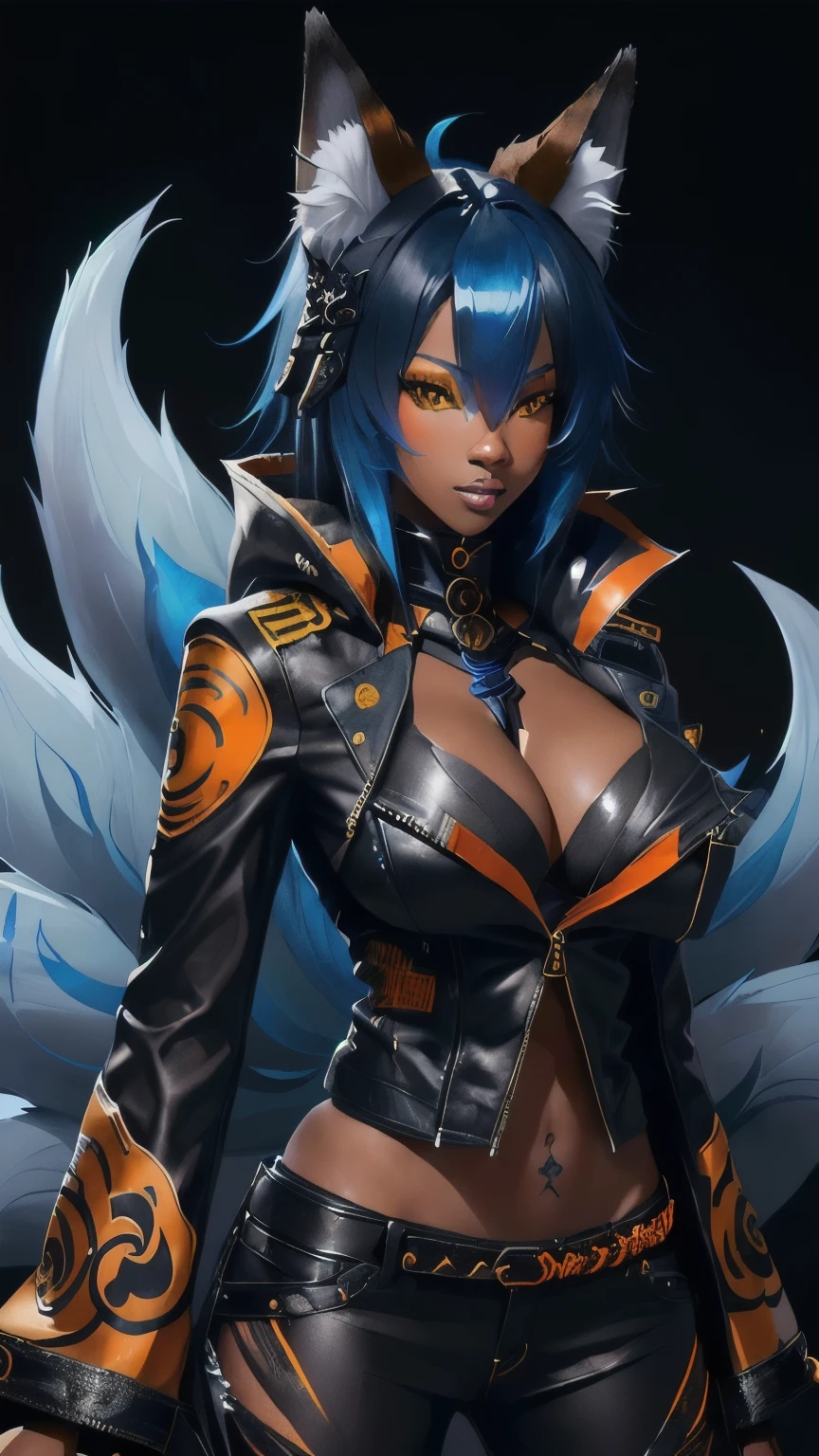 a black skin woman with blue hair, orange-yellow fox ears is posing in a black leather jacket and blue jeans, kitsune girl with orange-yellow fur, nine-tailed fox woman, black skinned fox woman extremely detailed artgerm, style artgerm, anime woman, big breasts, anime illustration | high detail, anime woman