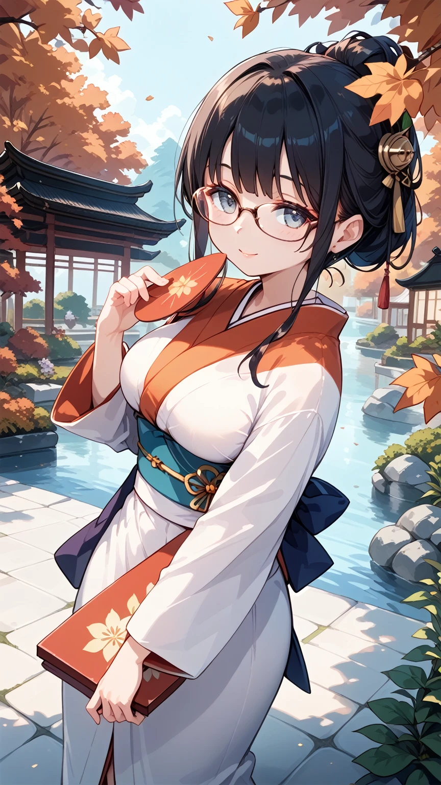 High resolution, high quality, 1 girl, anime girl, brown long hair, brown eyes,heart-shaped pupil, Green glasses, tanned skin, big breasts,beautiful breasts, (important moment,hakama long skirt,Are standing,At the shrine,snow Road,(water),