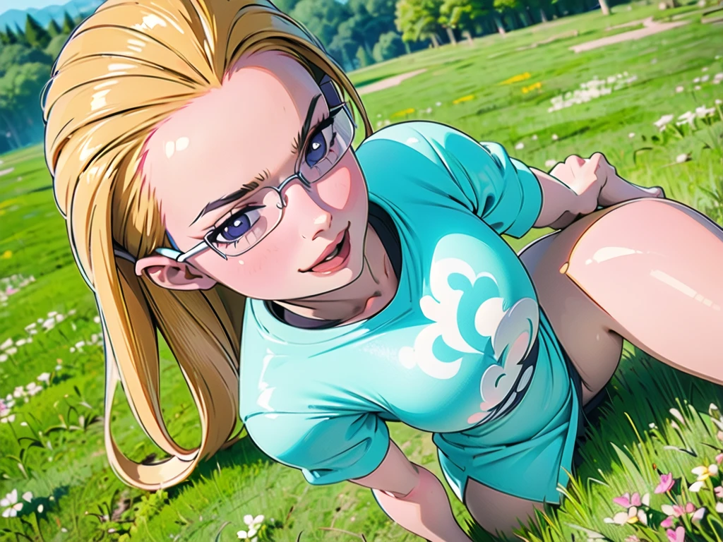 (8k, masterpiece, Best Quality, ultra-detailed, Professional lighting, beautiful detailed faces, bright colors) beautiful chubby mature woman, naked, long blond hair tied in a braid, happy smile tongue out, rolling eyes, wearing glasses, oppai, oppai proportions, golden eyes, whole body visible, tits out, tiny erected nipples, outdoor near a lake, pov, sitting legs spread on grass, open legs spreaded, pussy exposed