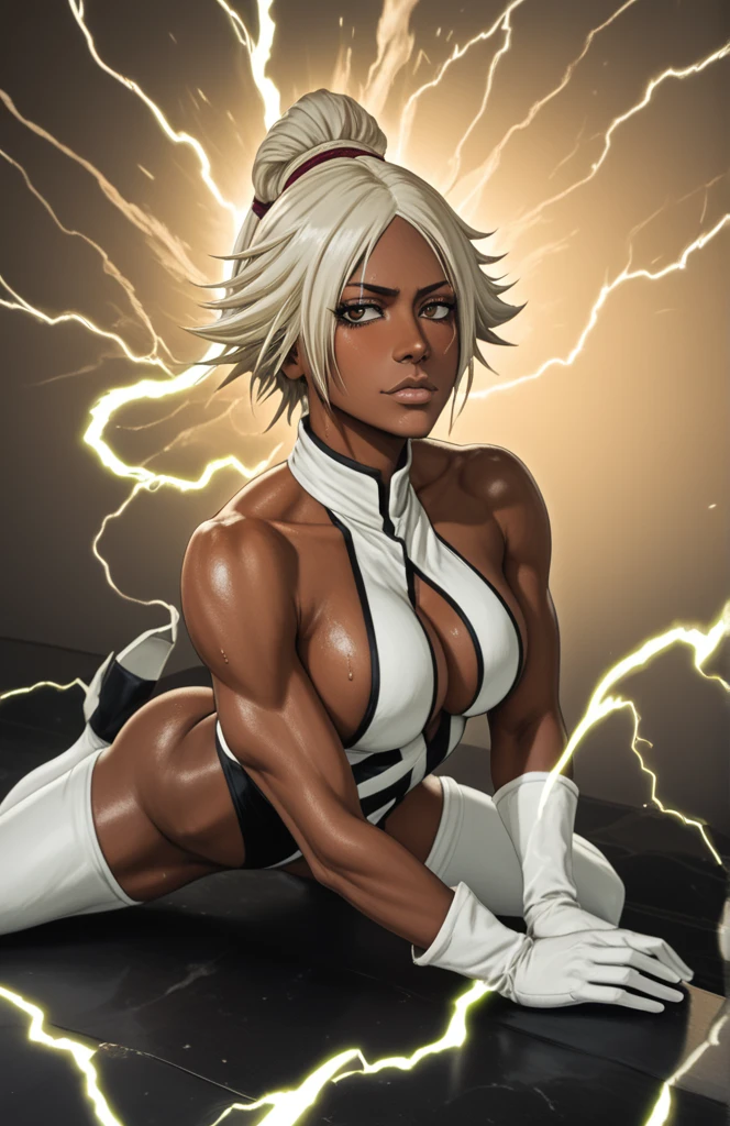 Storm_(x-men)+shihouin_yoruichi_fused together very_dark_skin White_hair bleach dark_skin +muscular_female 1girl ass bleach shunko_raijin_senkei_full_render_ blush breasts brown_eyes covered_navel dark_skin elbow_gloves gloves highres leotard limgae long_hair solo sweat thighhighs breasts dark-skinned_female dark_skin electricity