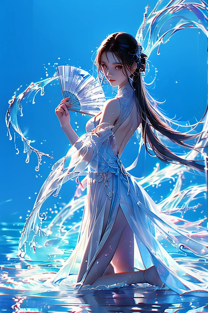 1 Chinese girl , Thin waist , Perfect body , White skin , White hair , Holding a fan ,  hand blow  , Wear a white wedding dress , Fantasy Dress  , Blue background ,  Land of Water Magic ,  water magic  ,   water buoyancy  ,  water floats in the air , Drawing along the waterway  ,  water swirling back and forth  