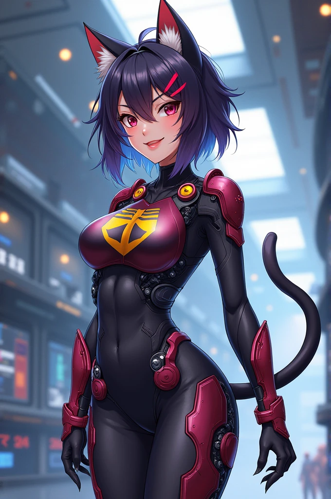 ultra-detailed, Explicit, Beautiful body, Beautiful Nose, Beautiful character design, perfect eyes, perfect face, ultra highres, 4K, beautiful legs, perfect legs, Nice hands, Perfect hand, Masterpiece, Best Quality, Highly detailed, illustration, absurdres, perfect anatomy, expressionless, blank eyes, emotionless,corruption, mind control, female combatant, full body, hypnotized, unhappy trance, full body suit, ribbed bodysuit, both arms at side, obey, perfect female body, looking at viewer, hypnosis, hypnoLora, empty eyes, Mind control device, standing, stangding at attention, standing still, Slave, Fighting Stance, numbersuit, two-tone bodysuit:0.9, blue bodysuit:0.9, light blue bodysuit:0.9, (((pixel-perfect, detail-perfect))) 1girl, solo, hair ornament, large breast, huge breast, hanekawa01, hair ribbon, short hair, multicolored hair, streaked hair, purple eyes