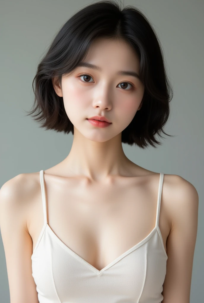 SeaArt Bot Variations 13:44:05 ((Masterpiece, Best Quality, High Definition)), 1 Girl, (Photorealistic: 1.4), Solo, White Background, Pure White Background, Mouth Closed, Happy Smile, Happy Smile, Pretty Black Hair, Short Hair, Big Eyes, Clear Double Eyelids, Eyelashes, Ears Out, Long Neck, Absolute Area, Skirt, ((Face Close-Up) ), (draw all head, shoulders), 19 years old, attractive proportions, shiny skin, clean collarbone, face in golden proportions, perfect face, teary mole, mole on chest, bangs, clean bangs, lip gloss, thin lips, pale skin, naked, big breasts, small face