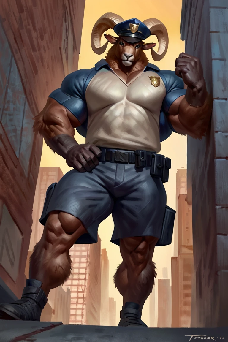 by taran fiddler, painting style, male ram, comic book style, illustration, solo, full body in frame, threatening pose, leaning one hand on the wall, looming over the viewer, frown expression, big muscles, huge body, bara, strong body, big strong legs, big body, bulky muscles, tall, dark cream police uniform, loose dark cream police pants, loose dark cream police shirt, dark cream police peaked cap, secret agent sunglasses, pecs, (matted body), monocolor body, brown body, short brown fur, matte body, detailed hands, detailed eyes, ram horns, cream color horns, yellow sclera, black eyes, detailed torso, night megapolis dark alley background, masterpiece, best art, full body