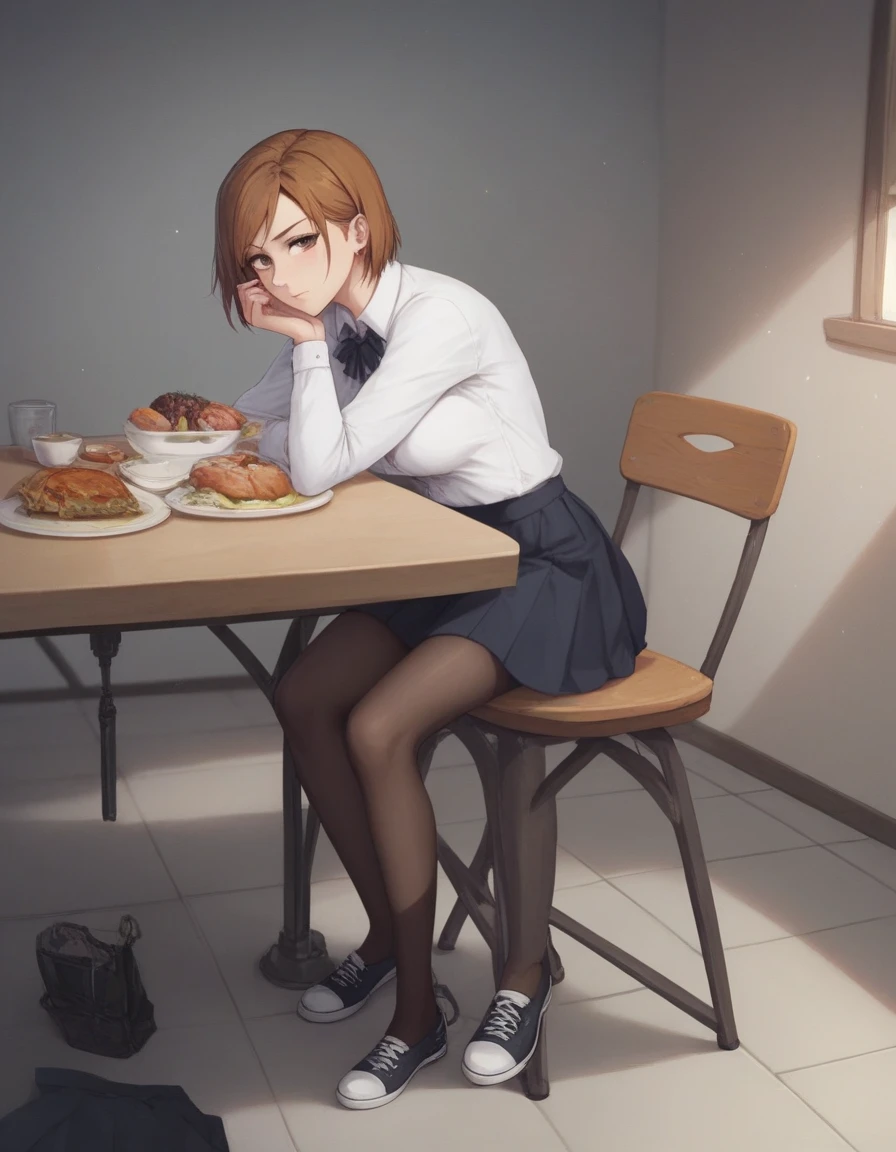 masterpiece,best quality,best details,nsfw,1 girl,short hair,brown hair,brown eyes,precise fingers,dress shirt,skirt,long black tights,long sleeve,a lot of food on the table,big belly,belly stuffing,sit on a chair,underground room,trapped underground room,Kugisaki Nobara,anime,