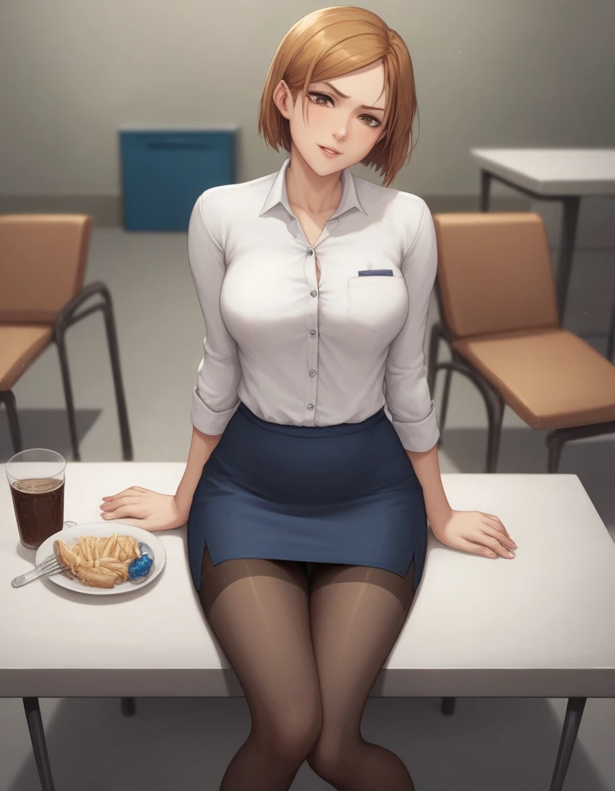 masterpiece,best quality,best details,nsfw,1 girl,short hair,brown hair,brown eyes,precise fingers,dress shirt,skirt,long black tights,long sleeve,a lot of food on the table,big belly,belly stuffing,sit on a chair,underground room,trapped underground room,Kugisaki Nobara,anime,