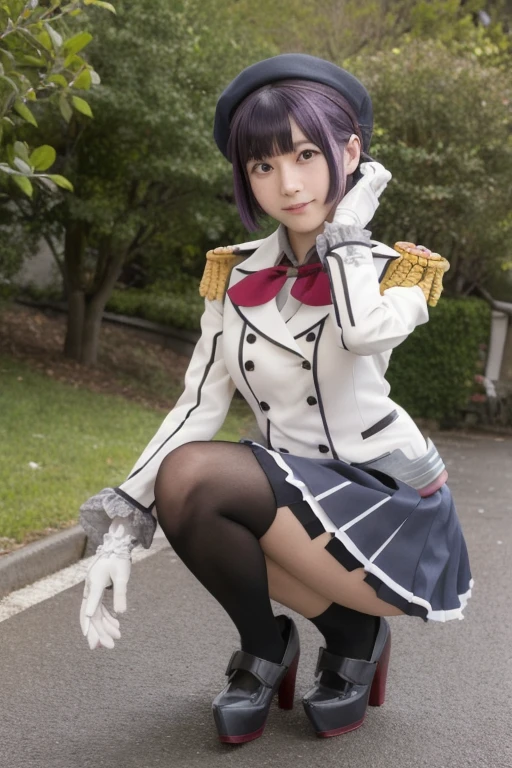  1 girl, Alone, Smart, beret,  white gloves,  miniskirt that snaps around the knee, kneehighs, Higuchi Madoka,  review, mole under eye, mole, Hair accessories,  hair clips,  shorthair , bangs,  purple eyes,  COWBOY SHOOTING , Outdoor,I'll show you a pregnant woman crouching pussy